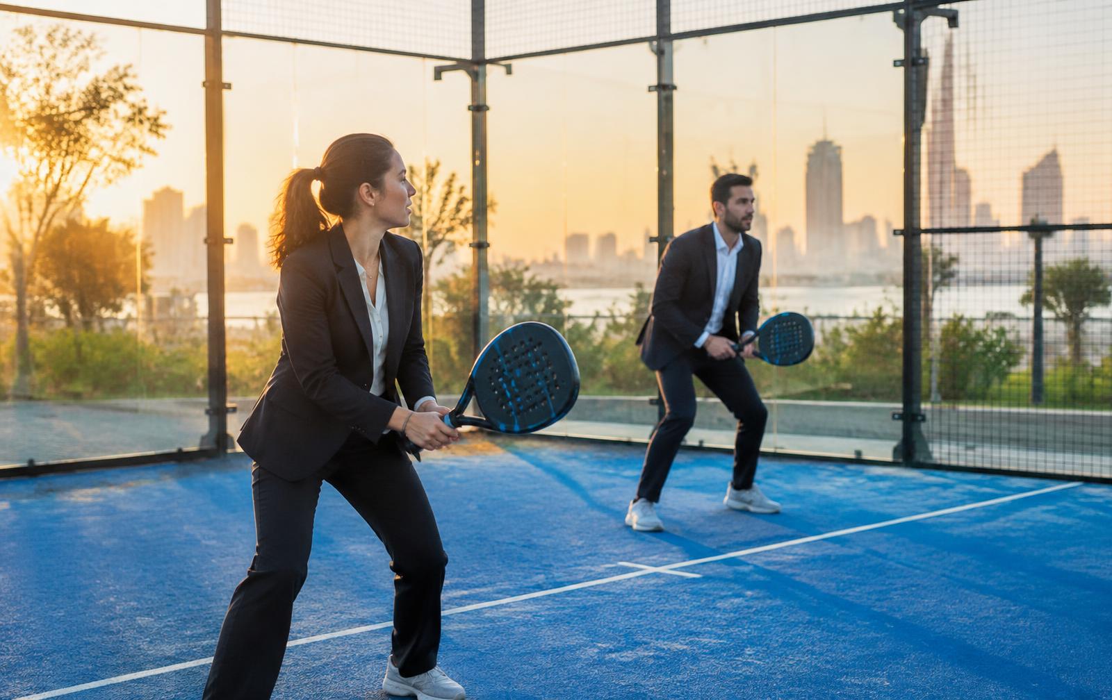 Two business players in suits playing padel at sunrise